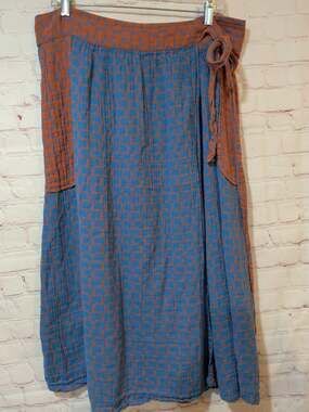 Ace & Jig Wrap Skirt M Blue Rust Geometric Woven Cotton Midi Tie Waist Pockets